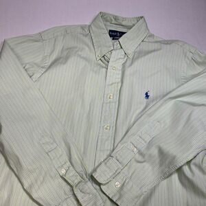 Ralph Lauren Striped Classic Fit Button Down Shirt Light Green Blue 15 1/2 32 33